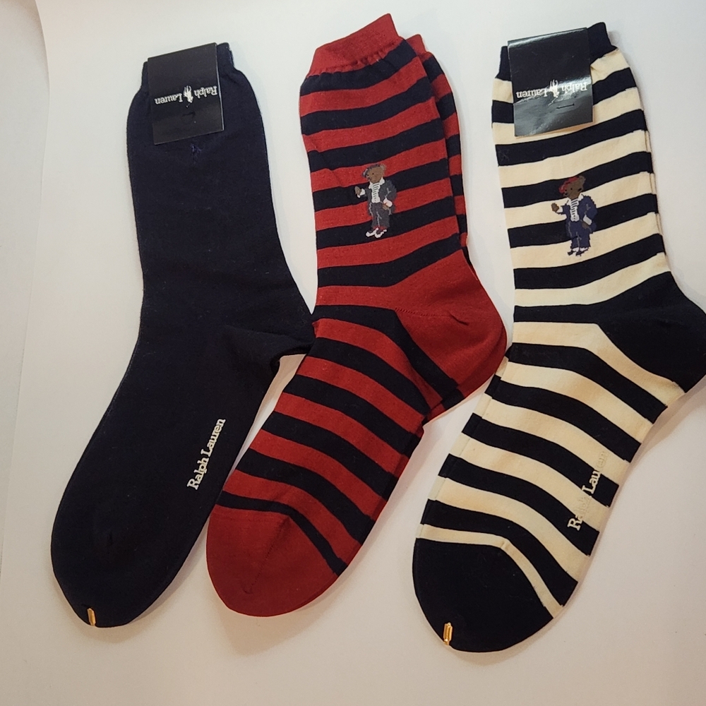 Vintage RALPH LAUREN Men's Striped Preppy BEAR Trouser Socks 3 Pairs Sz 9-11 New